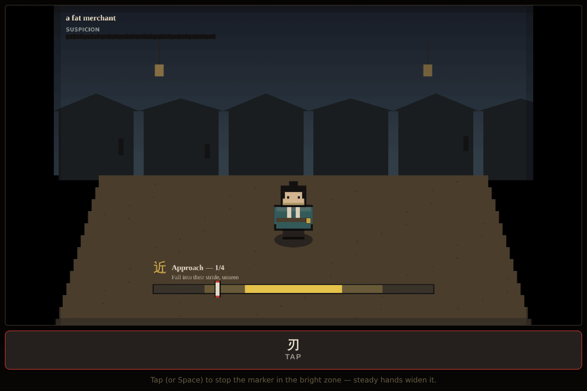 An in-game view of a cutpurse robbery attempt, with a suspicion meter and a timing bar
