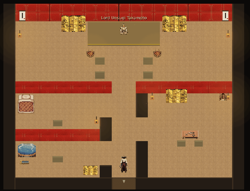 An in-game view inside a lord's manor — a dais, gold folding screens, braziers, and a bath