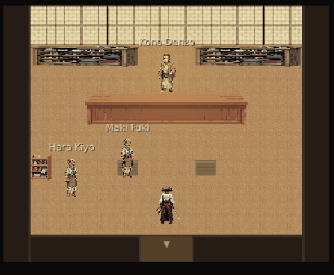 An in-game view inside a general store — shelves of goods, a counter, a shopkeeper, and customers
