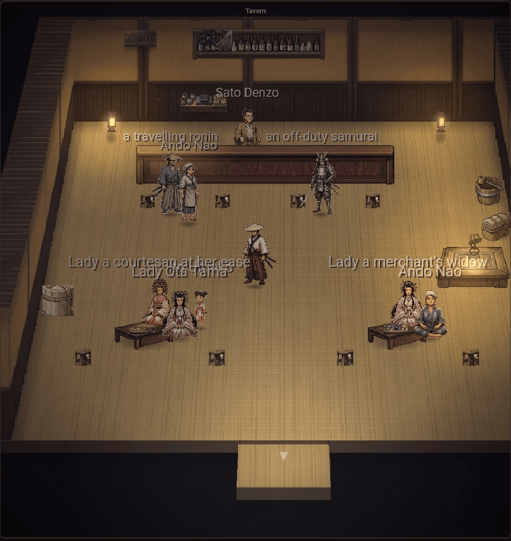 An in-game tavern interior — a keeper at the counter, an off-duty samurai, and seated guests