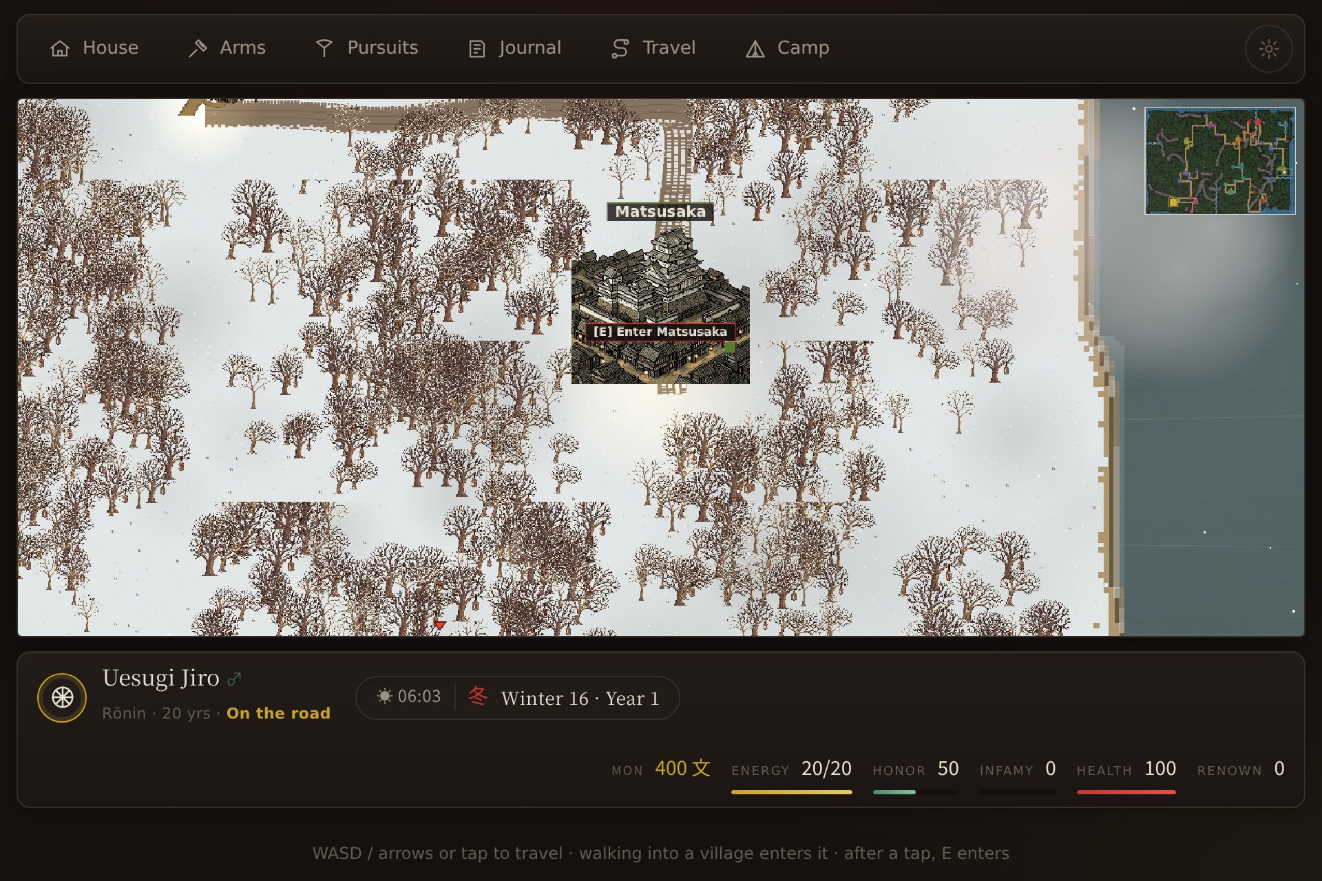 The overworld in winter, snow over bare trees
