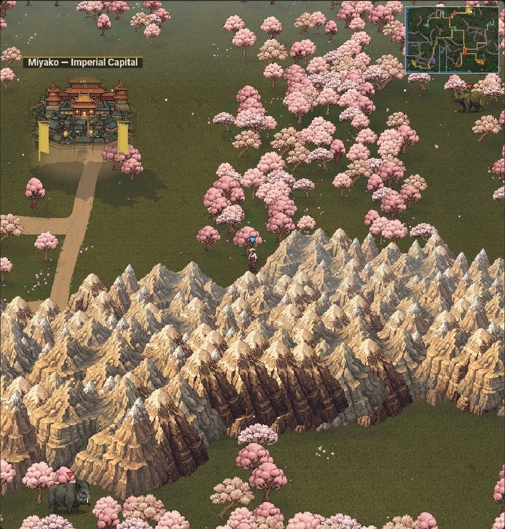 The overworld in spring, the imperial capital beyond a mountain range in cherry blossom