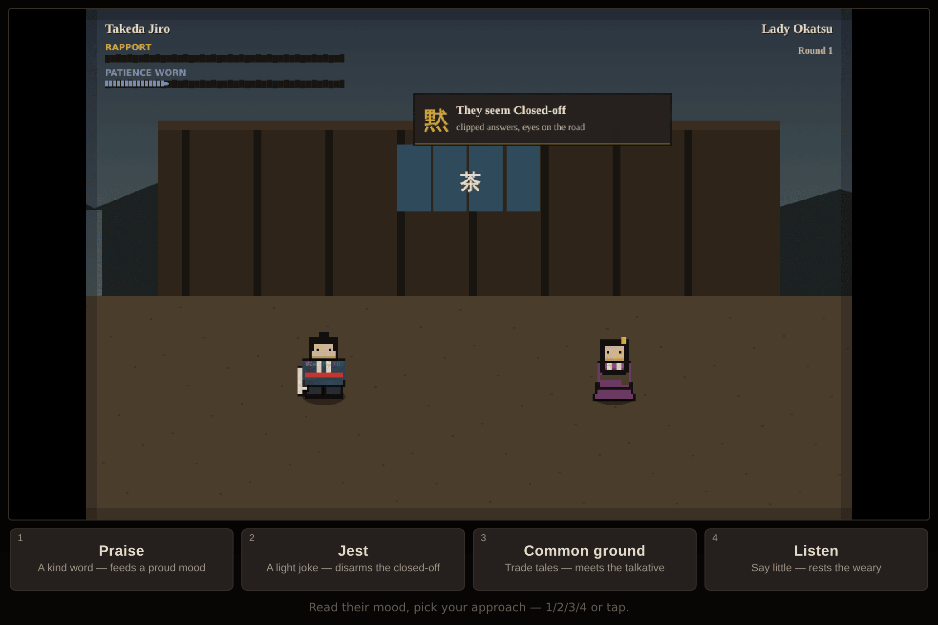 An in-game view of a conversation, with rapport and patience meters, a mood telegraph, and four approach choices