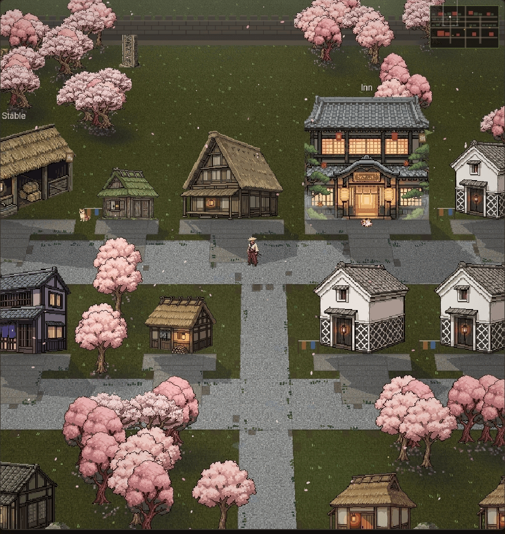 An in-game view of a village street — an inn, houses, and cherry blossoms